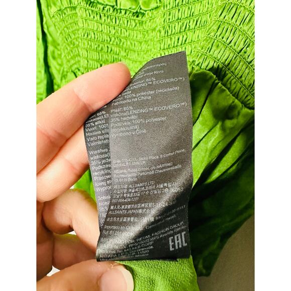 ALLSAINTS Estelle Green Satin Silk Long Sleeve Handkerchief Midi Dress Size 8 - Picture 13 of 14